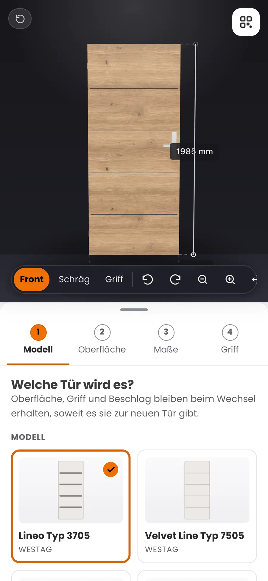 Türkonfigurator auf dem Smartphone mit Tür-Vorschau und Auswahl